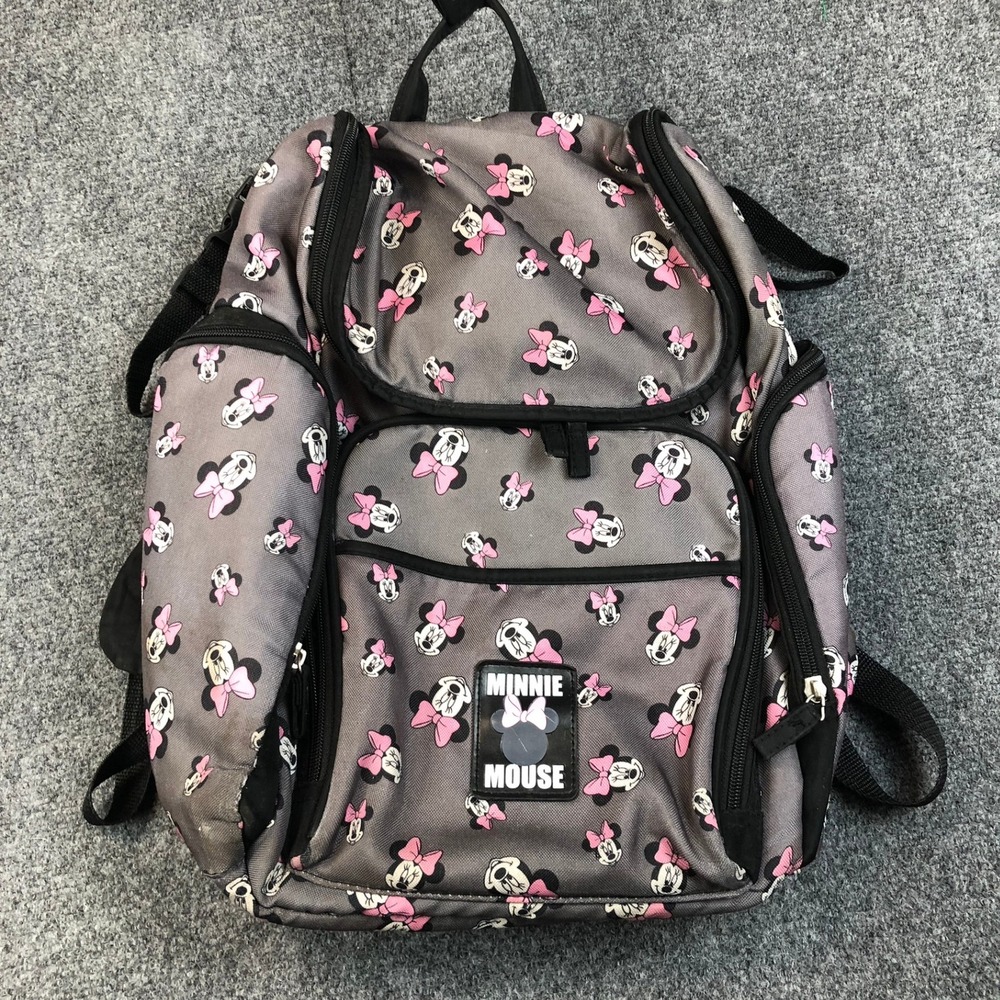 Disney Minnie Mouse Diaper Bag Backpack Grey Pink Bow Print Multi Pocket - Picture 1 of 7